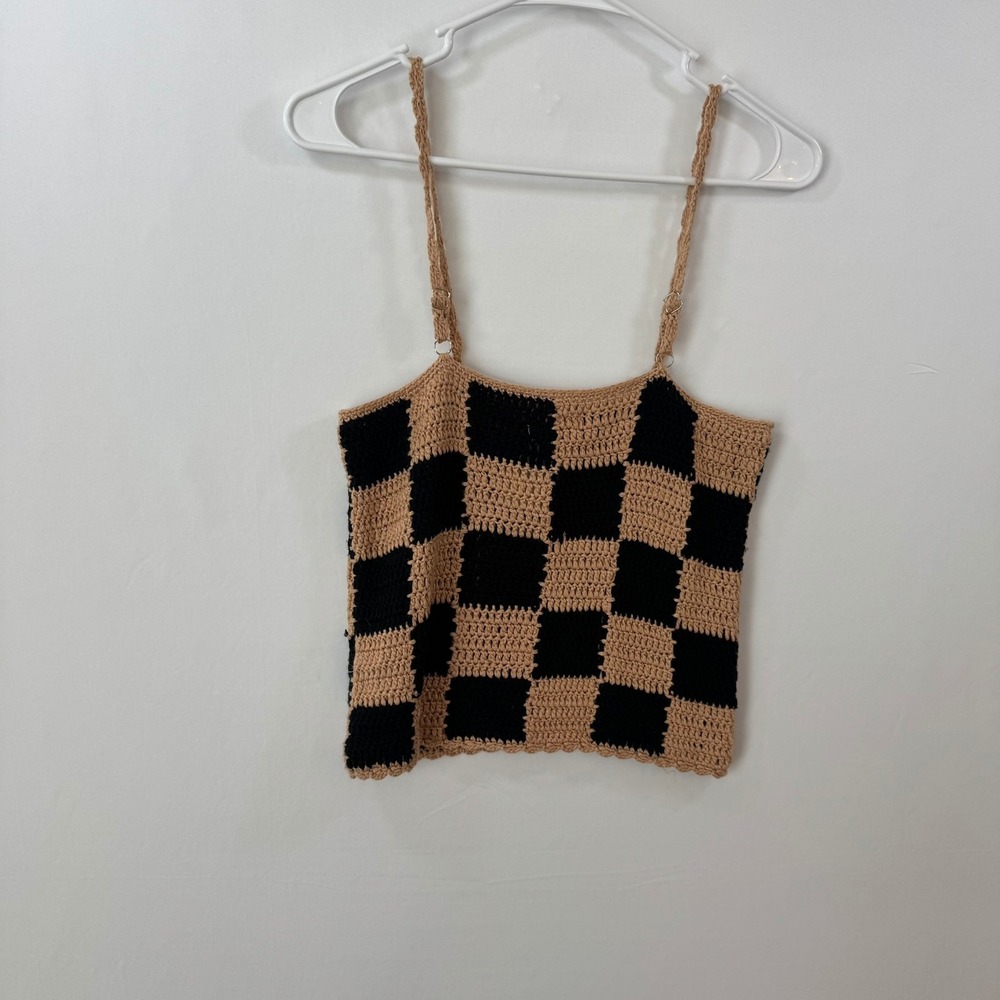 Pink Lily Crochet Checkered Camisole Top Tan Black MA779 Small